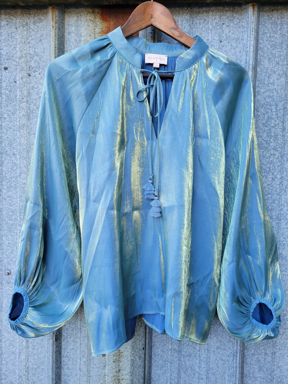 Ciebon Teal Blouse with Metallic Gold Sheen and Tassel Tie - Picture 3 of 12